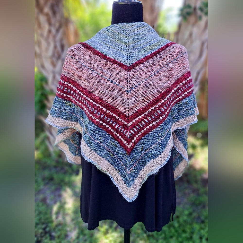 Hand Crafted OOAK Soft Wool Triangular Striped Natural Red Pink Blue Knit Wrap